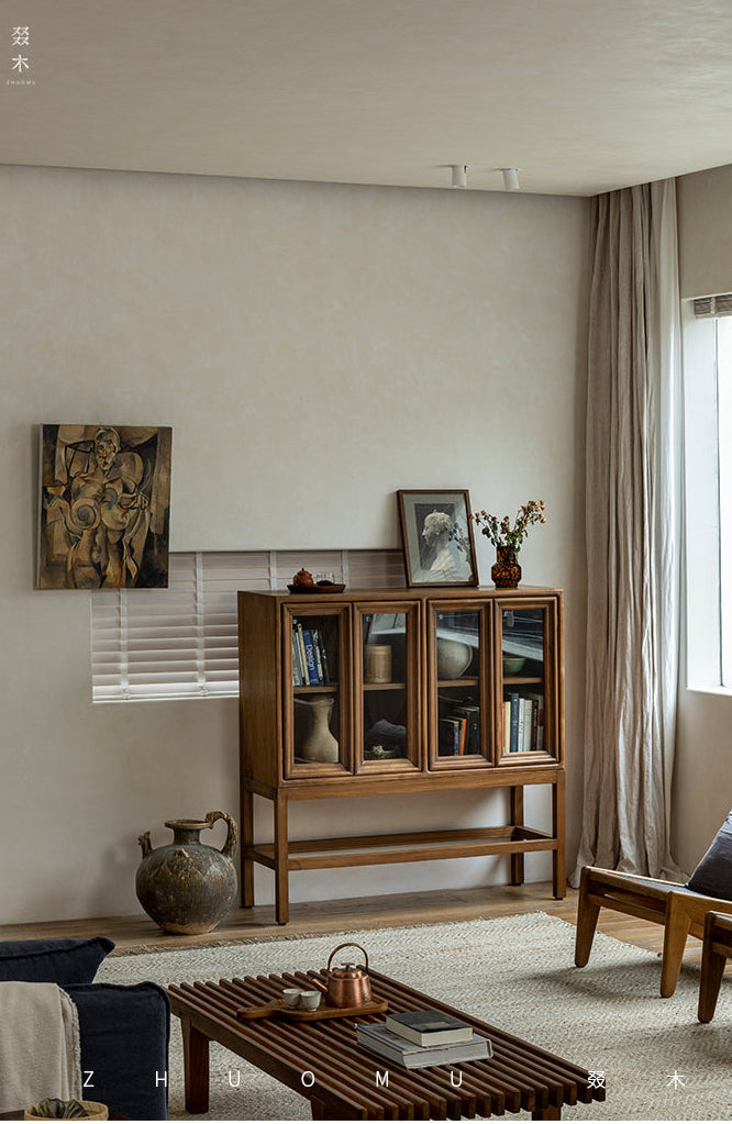 teak glass cabinet, high-leg display cabinet, solid wood showcase, handcrafted teak furniture, artisan wood cabinet, minimalist glass cabinet, wabi-sabi furniture, vintage teak display case, japanese scandi teak