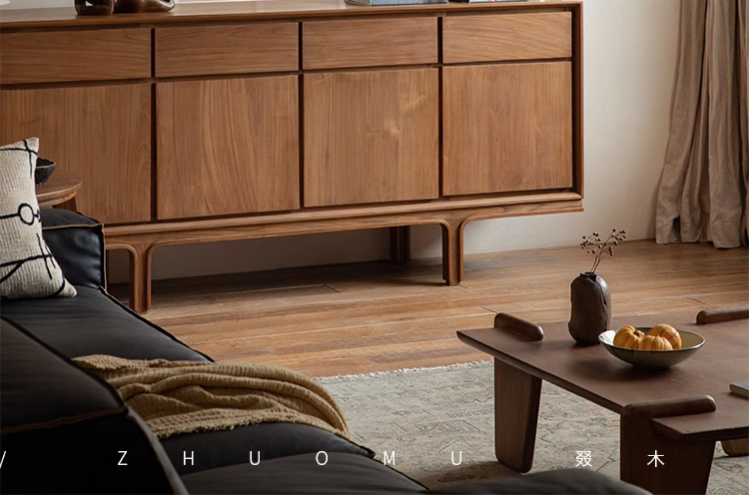 teak sideboard, solid wood cabinet, handcrafted buffet, four-door teak cabinet, minimalist wood furniture, artisan teak furniture, wabi-sabi sideboard, japanese scandi style furniture, handmade wood buffet