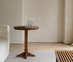 mori side table, solid wood end table, round side table, japanese minimalist furniture, wabi sabi furniture, handcrafted wood table, piexlculpt studio, zen furniture, wooden bedside table, natural oak side table