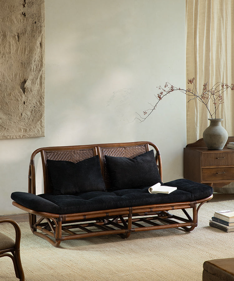rattan loveseat, rattan sofa, rattan daybed, handwoven rattan furniture, natural rattan couch, double seat sofa, bohemian interior design, handcrafted lounge furniture
