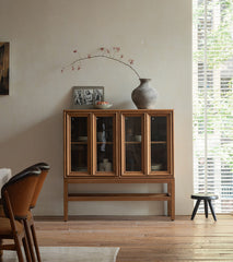teak glass cabinet, high-leg display cabinet, solid wood showcase, handcrafted teak furniture, artisan wood cabinet, minimalist glass cabinet, wabi-sabi furniture, vintage teak display case, japanese scandi teak