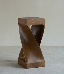 twist side table, sculptural wood stool, solid wood side table, carbon black furniture, wabi sabi furniture, minimalist furniture, piexlculpt studio, wooden pedestal table, organic design