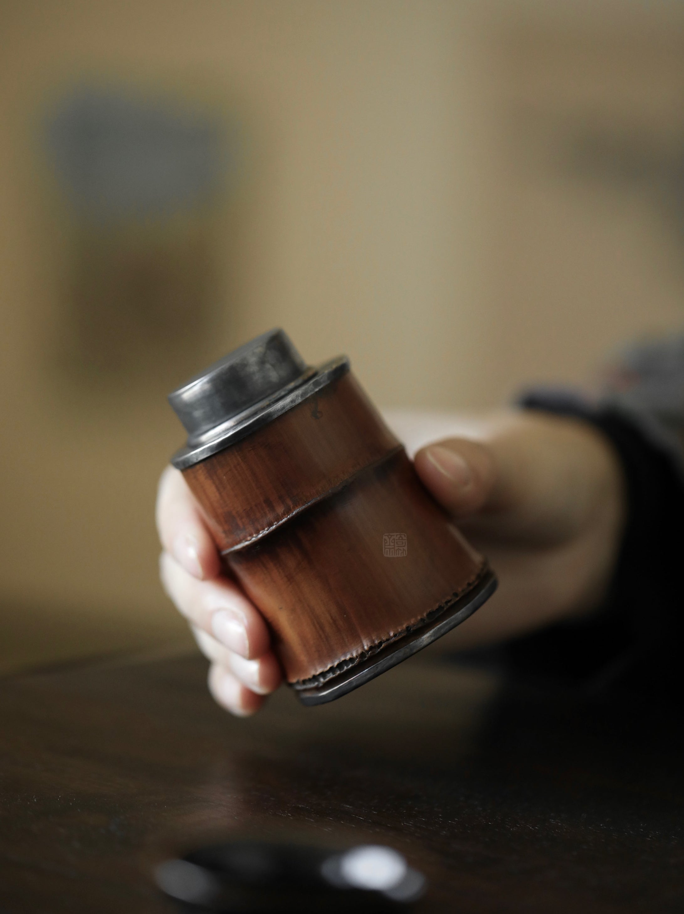 bamboo tea canister, bamboo tea caddy, silver tea canister, airtight tea container, travel tea jar, portable tea storage, handmade tea caddy, artisan tea accessories, oriental tea jar, Japanese tea caddy