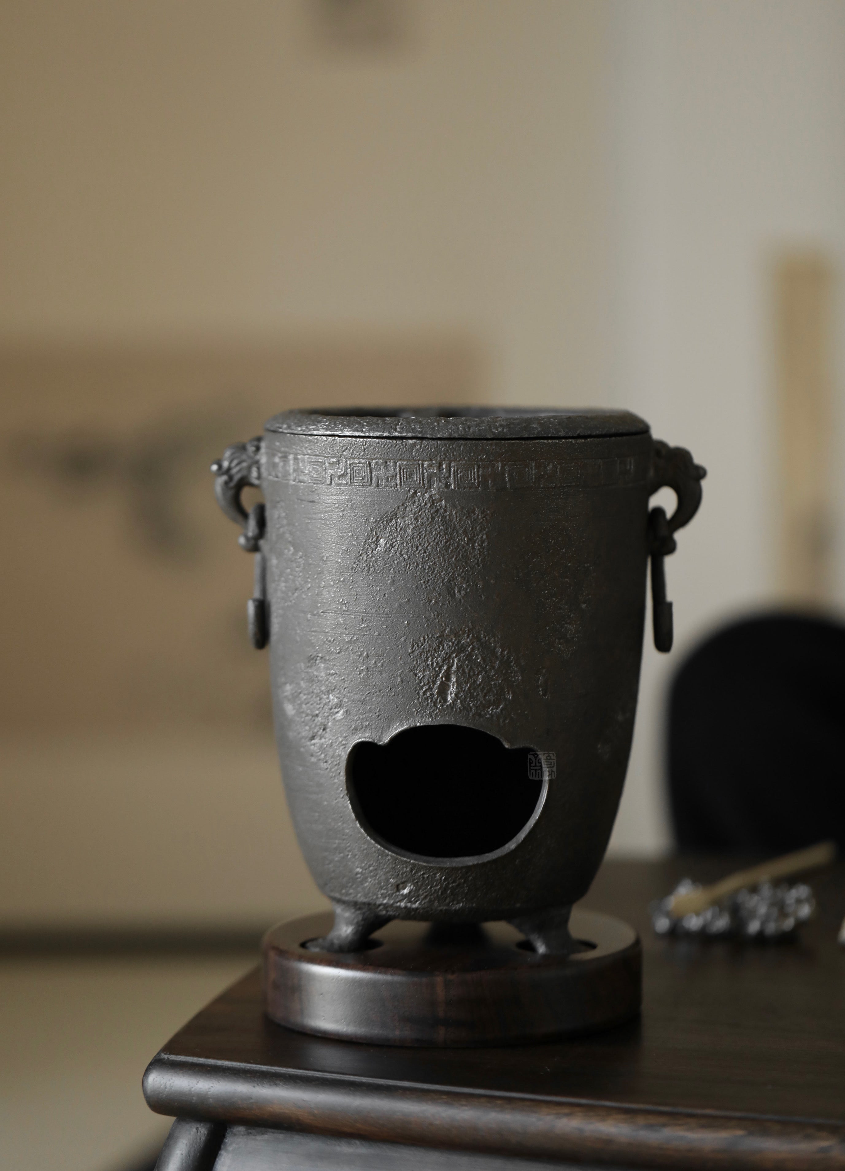 cast iron tea stove, portable tea heater, charcoal brazier, japanese tea stove, gongfu tea accessories, handmade tea tools, Piexlculpt Studio, tea ceremony heater, traditional iron brazier, wood engraving art, charcoal tea warmer