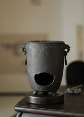cast iron tea stove, portable tea heater, charcoal brazier, japanese tea stove, gongfu tea accessories, handmade tea tools, Piexlculpt Studio, tea ceremony heater, traditional iron brazier, wood engraving art, charcoal tea warmer