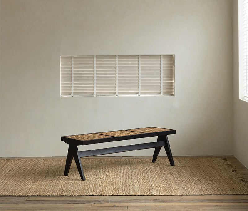 chandigarh bench, handwoven rattan bench, solid wood furniture, japanese minimalist bench, handcrafted wooden bench, entryway seating, sustainable rattan furniture, piexlculpt studio, wabi sabi bench