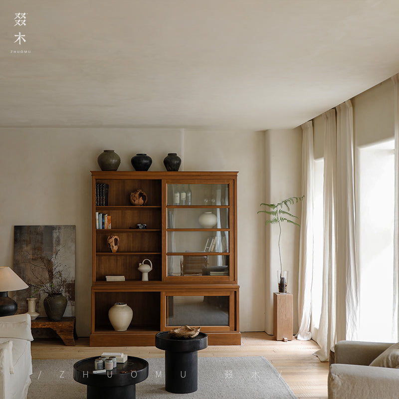 handcrafted wood cabinet, solid wood bookshelf, glass door cabinet, sliding wood cabinet, natural wood furniture, artisan wood furniture, minimalist storage cabinet, wabi-sabi furniture, boho wood shelf