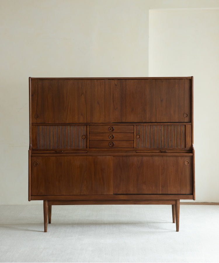 mid century teak sideboard, tambour door cabinet, teak credenza, handcrafted teak furniture, danish modern sideboard, mcm furniture, vintage teak cabinet, solid wood buffet, minimalist teak console