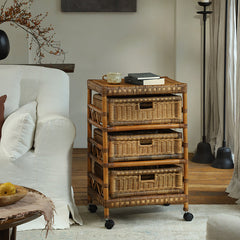 rattan trolley, rattan storage cart, handwoven rattan furniture, natural rattan shelf, bohemian home decor, rolling storage cart, handcrafted rattan organizer, rattan side cart