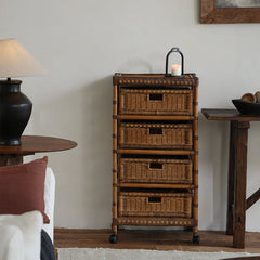 rattan trolley, rattan storage cart, handwoven rattan furniture, natural rattan shelf, bohemian home decor, rolling storage cart, handcrafted rattan organizer, rattan side cart