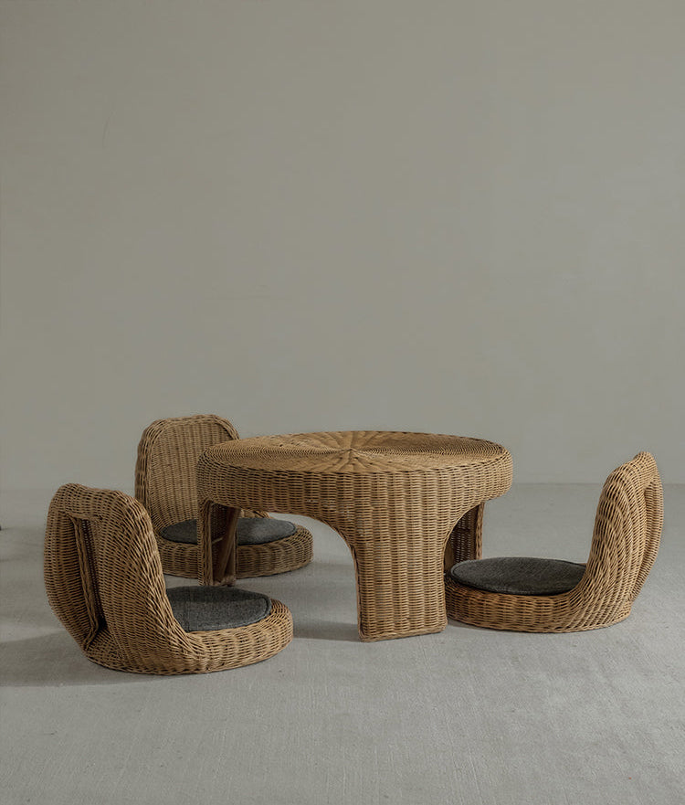 rattan tea set, rattan table and chairs, handwoven rattan furniture, round rattan table, bamboo tea table set, natural rattan decor, japanese tatami furniture, boho rattan furniture, artisan rattan set