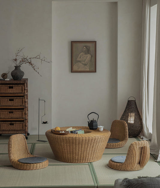 rattan tea set, rattan table and chairs, handwoven rattan furniture, round rattan table, bamboo tea table set, natural rattan decor, japanese tatami furniture, boho rattan furniture, artisan rattan set