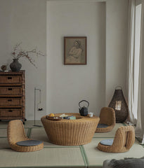 rattan tea set, rattan table and chairs, handwoven rattan furniture, round rattan table, bamboo tea table set, natural rattan decor, japanese tatami furniture, boho rattan furniture, artisan rattan set