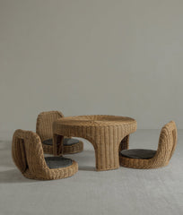 rattan tea set, rattan table and chairs, handwoven rattan furniture, round rattan table, bamboo tea table set, natural rattan decor, japanese tatami furniture, boho rattan furniture, artisan rattan set