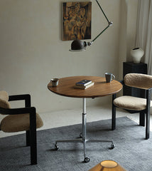 riku round table, adjustable wood table, solid wood modern furniture, japanese minimalist table, wabi sabi table, handcrafted table, piexlculpt studio, modern zen furniture, height adjustable table, multifunctional round desk