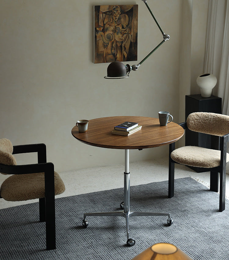 riku round table, adjustable wood table, solid wood modern furniture, japanese minimalist table, wabi sabi table, handcrafted table, piexlculpt studio, modern zen furniture, height adjustable table, multifunctional round desk