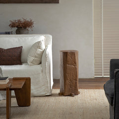 timber column stool, rustic wood side table, solid wood pedestal, wabi sabi furniture, natural wood decor, organic design, minimalist wooden stand, handcrafted stool, piexlculpt studio