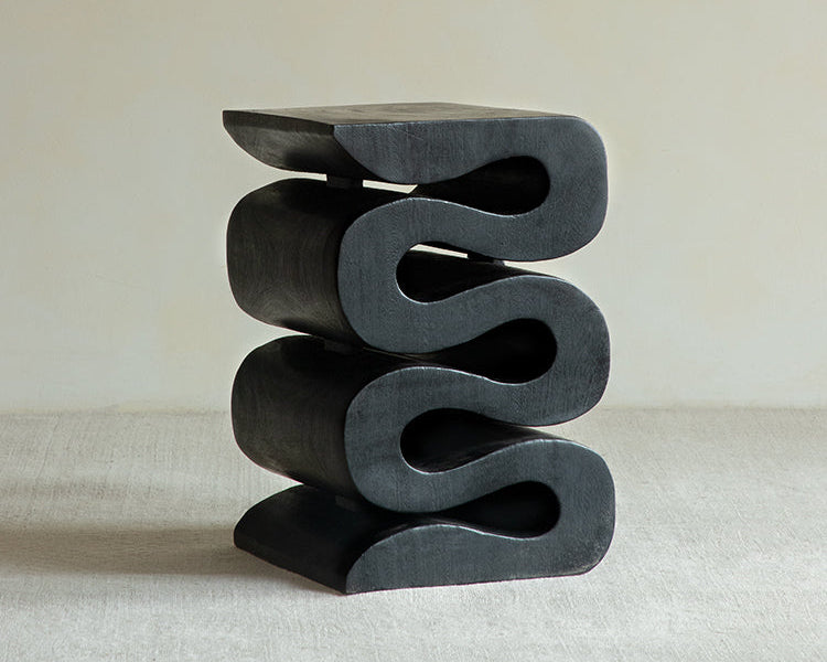 waveform side table, sculptural wooden table, solid wood furniture, organic design, hand-carved table, wabi sabi decor, carbon black furniture, minimalist wood stool, piexlculpt studio
