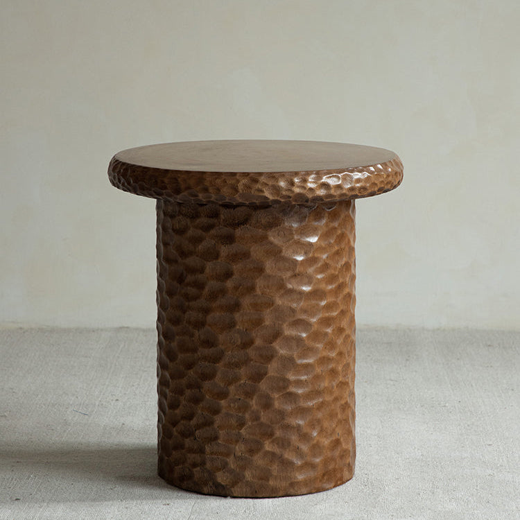 wood side table, solid wood accent table, hammered wood table, handmade wooden furniture, sculptural side table, rustic solid wood furniture, artisan carved table, textured wood decor, natural wood end table