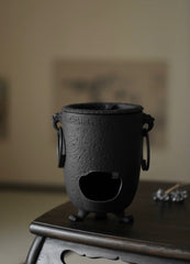 cast iron tea stove, portable tea heater, charcoal brazier, japanese tea stove, gongfu tea accessories, handmade tea tools, Piexlculpt Studio, tea ceremony heater, traditional iron brazier, wood engraving art, charcoal tea warmer