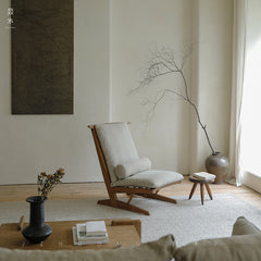 naka lounge chair, japanese recliner, wabi sabi furniture, george nakashima chair, solid wood armchair, minimalist wood chair, handmade wooden furniture, linen cushion chair, modern japanese furniture, piexlculpt