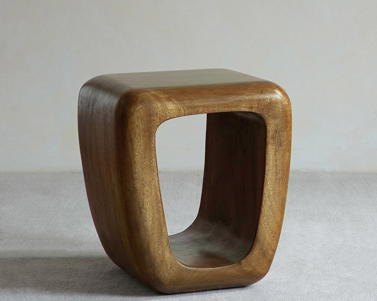 void side table, hollow wood stool, sculptural wood furniture, solid wood table, carbon black finish, minimalist furniture, wabi sabi design, piexlculpt studio, organic form furniture