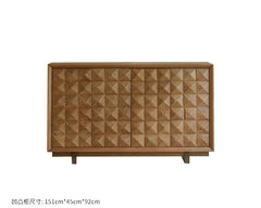 carved wood sideboard, solid wood cabinet, geometric furniture, handcrafted buffet, artisan storage cabinet, minimalist wood furniture, wabi-sabi sideboard, boho home furniture, modern natural wood cabinet