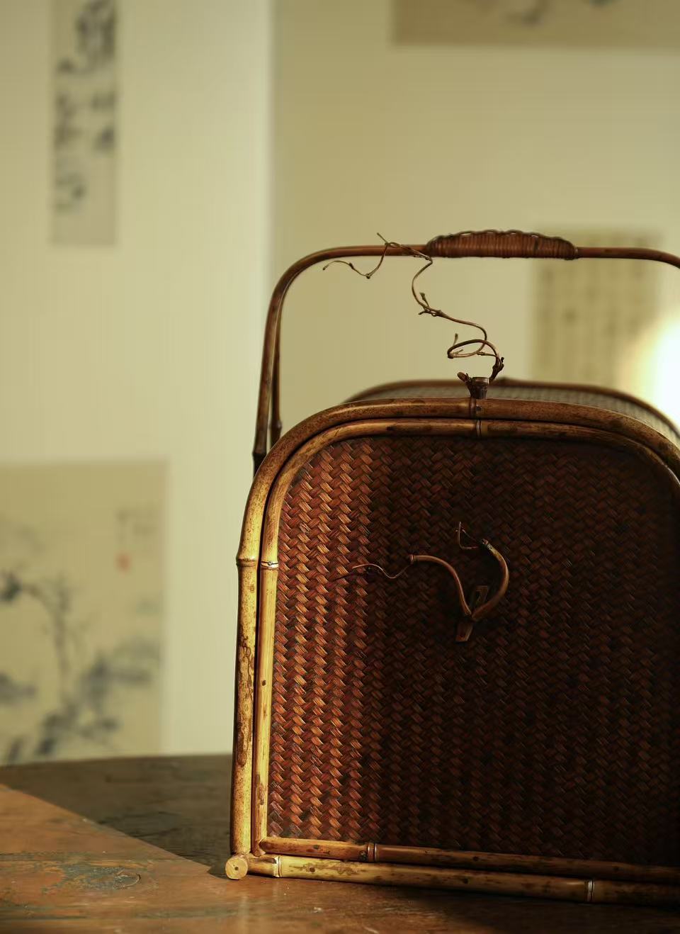 bamboo tea chest, handcrafted tea storage, bamboo tea cabinet, oriental tea furniture, wabi sabi tea chest, portable tea box, rattan bamboo chest, vintage tea organizer, bamboo tea accessories, Piexlculpt tea furniture
