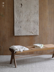 chandigarh bench, handwoven rattan bench, solid wood furniture, japanese minimalist bench, handcrafted wooden bench, entryway seating, sustainable rattan furniture, piexlculpt studio, wabi sabi bench