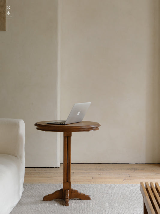 mori side table, solid wood end table, round side table, japanese minimalist furniture, wabi sabi furniture, handcrafted wood table, piexlculpt studio, zen furniture, wooden bedside table, natural oak side table