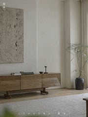 solid wood TV console, handcrafted media cabinet, minimalist TV stand, reclaimed wood furniture, artisan TV unit, japanese scandi furniture, wabi-sabi console, modern wood sideboard, low wood cabinet