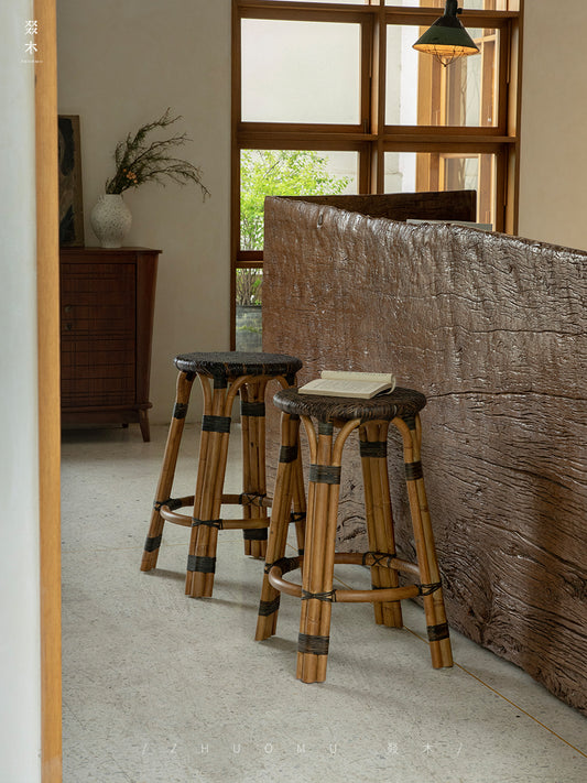 rattan bar stool, rattan high chair, handwoven rattan furniture, natural rattan bar stool, café furniture, handcrafted bar chair, bohemian interior design, artisan rattan stool