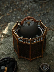 bamboo charcoal stove, tea brazier, tea heater, japanese tea stove, rattan bamboo fire pit, handcrafted tea tools, artisan tea warmer, wood engraving art, tea ceremony accessories, slow boil kettle base
