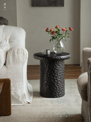 wood side table, solid wood accent table, hammered wood table, handmade wooden furniture, sculptural side table, rustic solid wood furniture, artisan carved table, textured wood decor, natural wood end table