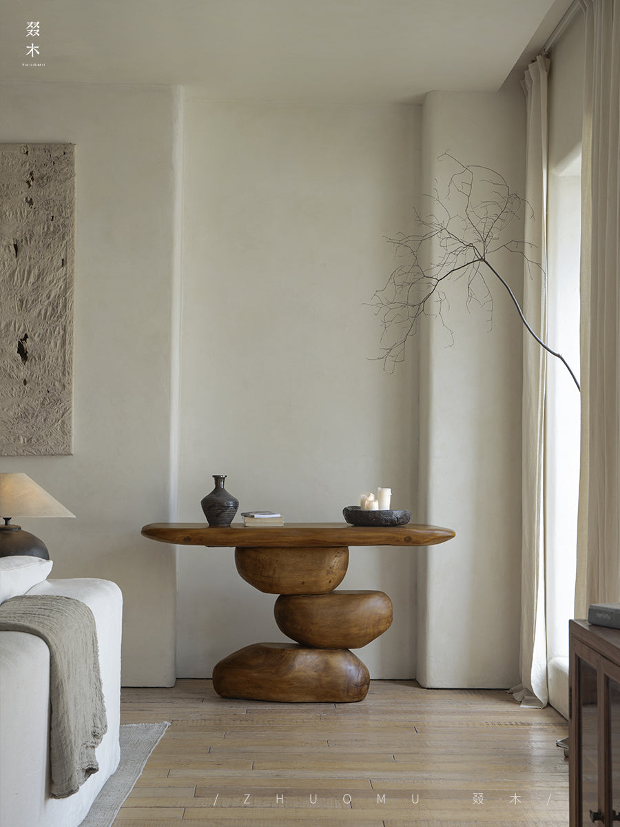 satori console table, sculptural wood table, wabi sabi furniture, zen furniture, piexlculpt studio, solid wood hallway table, organic wood design, handcrafted entry table, japanese minimalist furniture, wood sculpture furniture