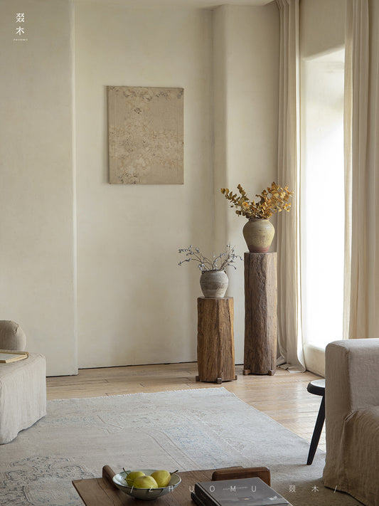 timber column stool, rustic wood side table, solid wood pedestal, wabi sabi furniture, natural wood decor, organic design, minimalist wooden stand, handcrafted stool, piexlculpt studio