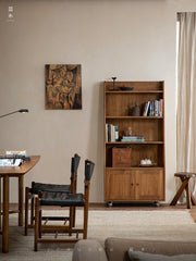 teak bookshelf, rolling cabinet, movable wood shelf, solid teak furniture, mid century furniture, teak storage cabinet, wooden bookshelf with wheels, handcrafted teak furniture, indonesian teak cabinet, piexlculpt studio