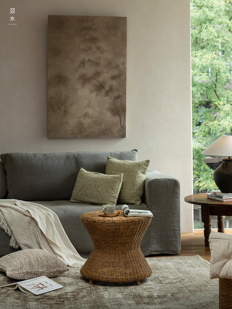 rattan side table, rattan coffee table, round accent table, handwoven rattan furniture, natural rattan decor, woven living room furniture, handcrafted table