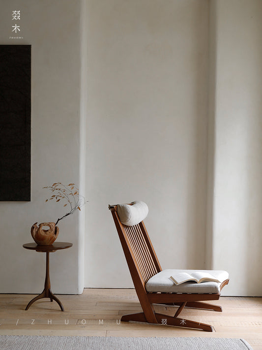 naka lounge chair, japanese recliner, wabi sabi furniture, george nakashima chair, solid wood armchair, minimalist wood chair, handmade wooden furniture, linen cushion chair, modern japanese furniture, piexlculpt