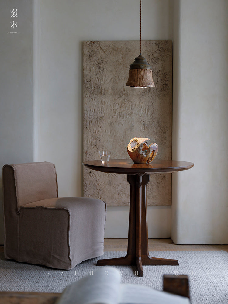 rin dining table, round wood table, japanese minimalist furniture, wabi sabi solid wood table, handcrafted round table, zen furniture, piexlculpt studio, natural walnut table, modern japanese decor, minimalist dining table