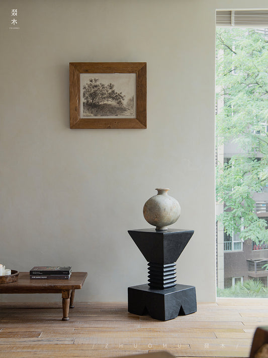 kuro sculpture table, charred wood pedestal, wabi sabi furniture, japanese minimalist decor, handcrafted wood art stand, zen display table, piexlculpt studio, black solid wood table, carbonized wood furniture