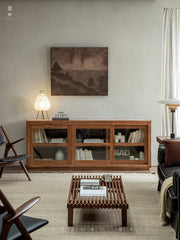 teak glass sideboard, sliding door cabinet, solid wood TV console, handcrafted teak furniture, minimalist teak buffet, artisan wood furniture, wabi-sabi furniture, boho teak cabinet, japanese scandi teak furniture