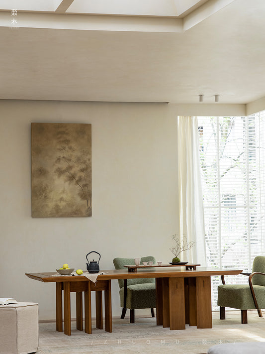 tsuba long table, solid wood conference table, japanese tea table, multi leg table, wabi sabi furniture, piexlculpt studio, handcrafted wood desk, sculptural furniture, minimalist oak table, zen design furniture