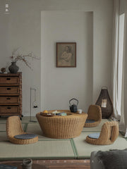rattan tea set, rattan table and chairs, handwoven rattan furniture, round rattan table, bamboo tea table set, natural rattan decor, japanese tatami furniture, boho rattan furniture, artisan rattan set