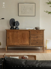 teak sideboard, sliding door buffet, solid wood cabinet, handcrafted teak furniture, minimalist dining storage, artisan wood furniture, wabi-sabi furniture, modern teak buffet, handmade solid wood sideboard