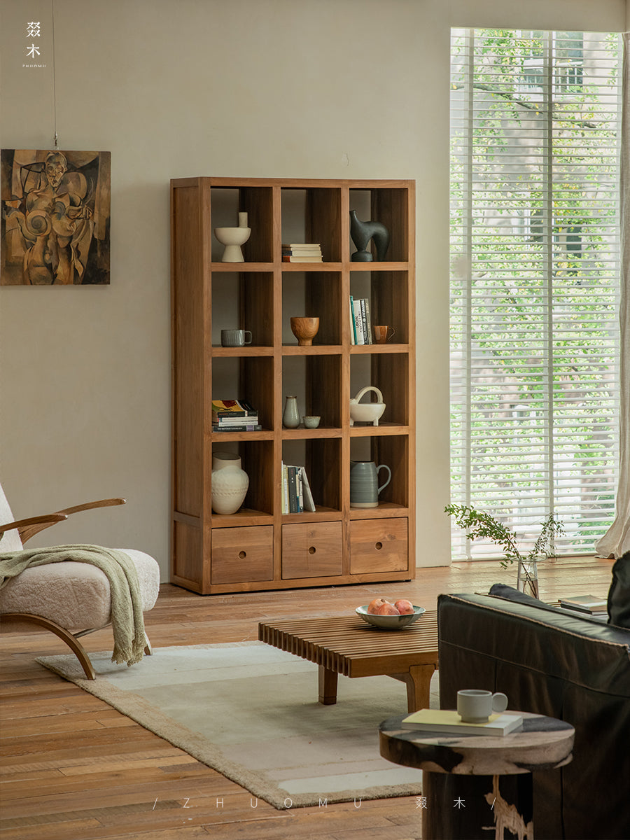 teak display cabinet, solid wood bookshelf, handcrafted teak furniture, natural wood display shelf, artisan wood cabinet, minimalist bookshelf, wabi-sabi furniture, boho wood decor, sustainable teak furniture