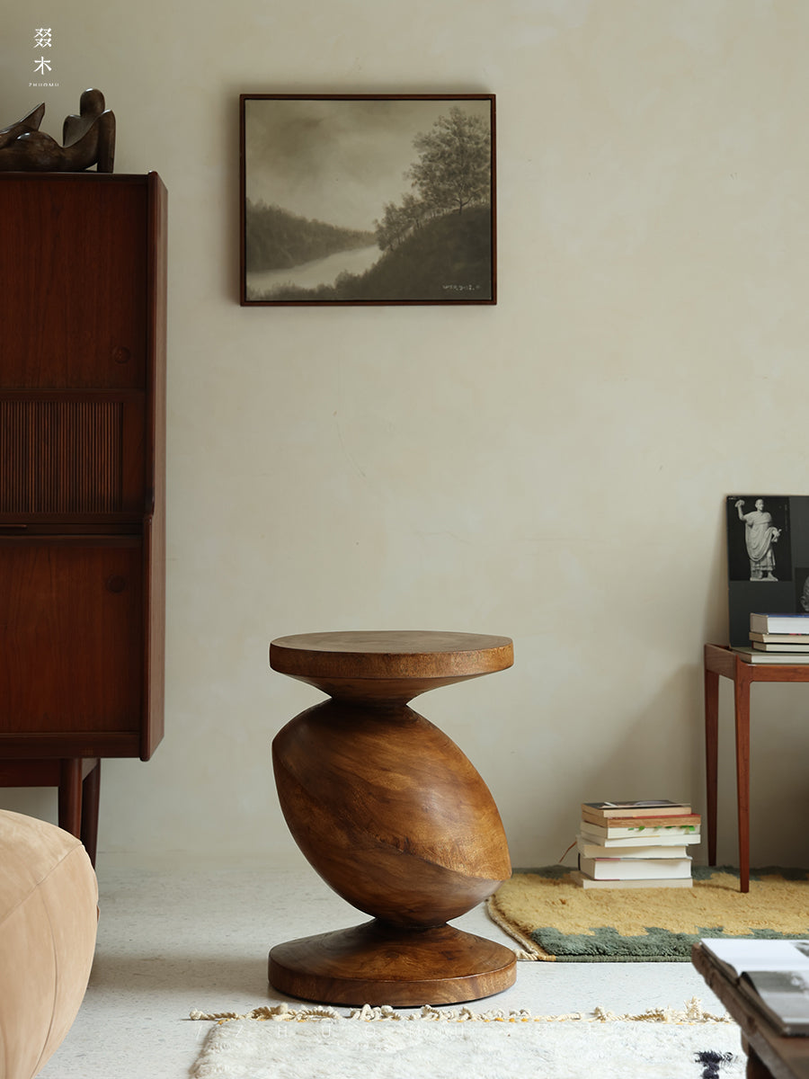 spira side table, sculptural wood table, solid wood end table, organic furniture, handcrafted furniture, piexlculpt studio, wabi sabi furniture, wooden accent table, natural wood sculpture table, designer side table