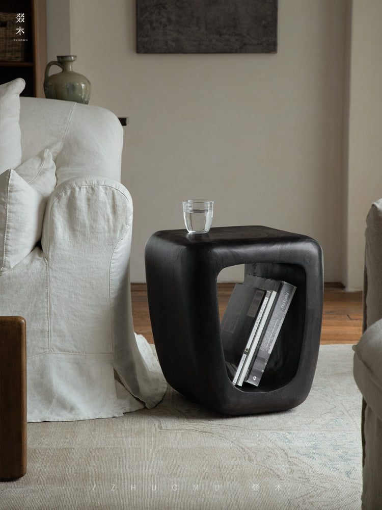 void side table, hollow wood stool, sculptural wood furniture, solid wood table, carbon black finish, minimalist furniture, wabi sabi design, piexlculpt studio, organic form furniture