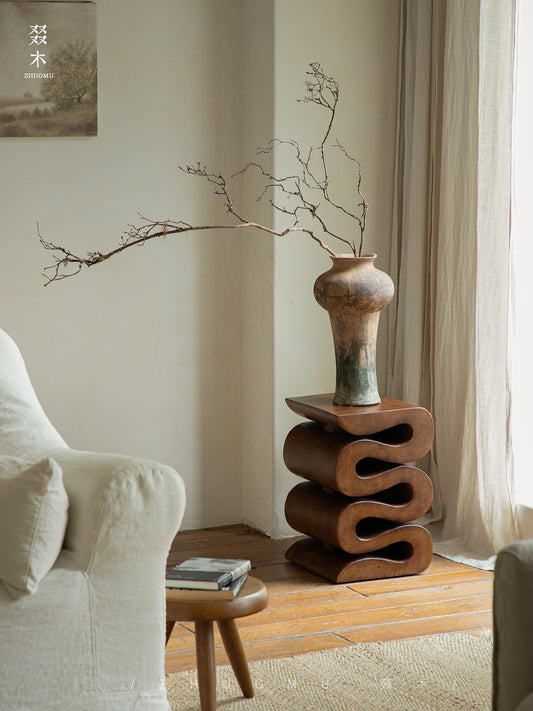 waveform side table, sculptural wooden table, solid wood furniture, organic design, hand-carved table, wabi sabi decor, carbon black furniture, minimalist wood stool, piexlculpt studio