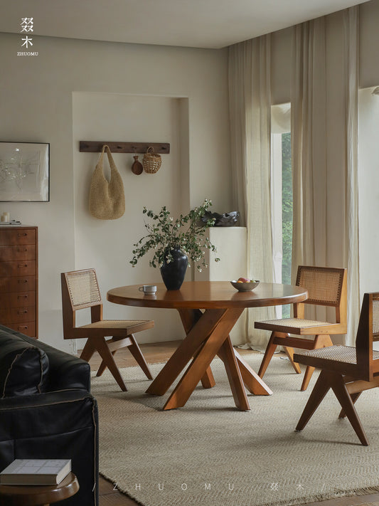 nami dining table, round teak table, solid wood table, wabi sabi furniture, japanese minimalist dining table, handcrafted round table, piexlculpt studio, zen furniture, french vintage design, teak dining table